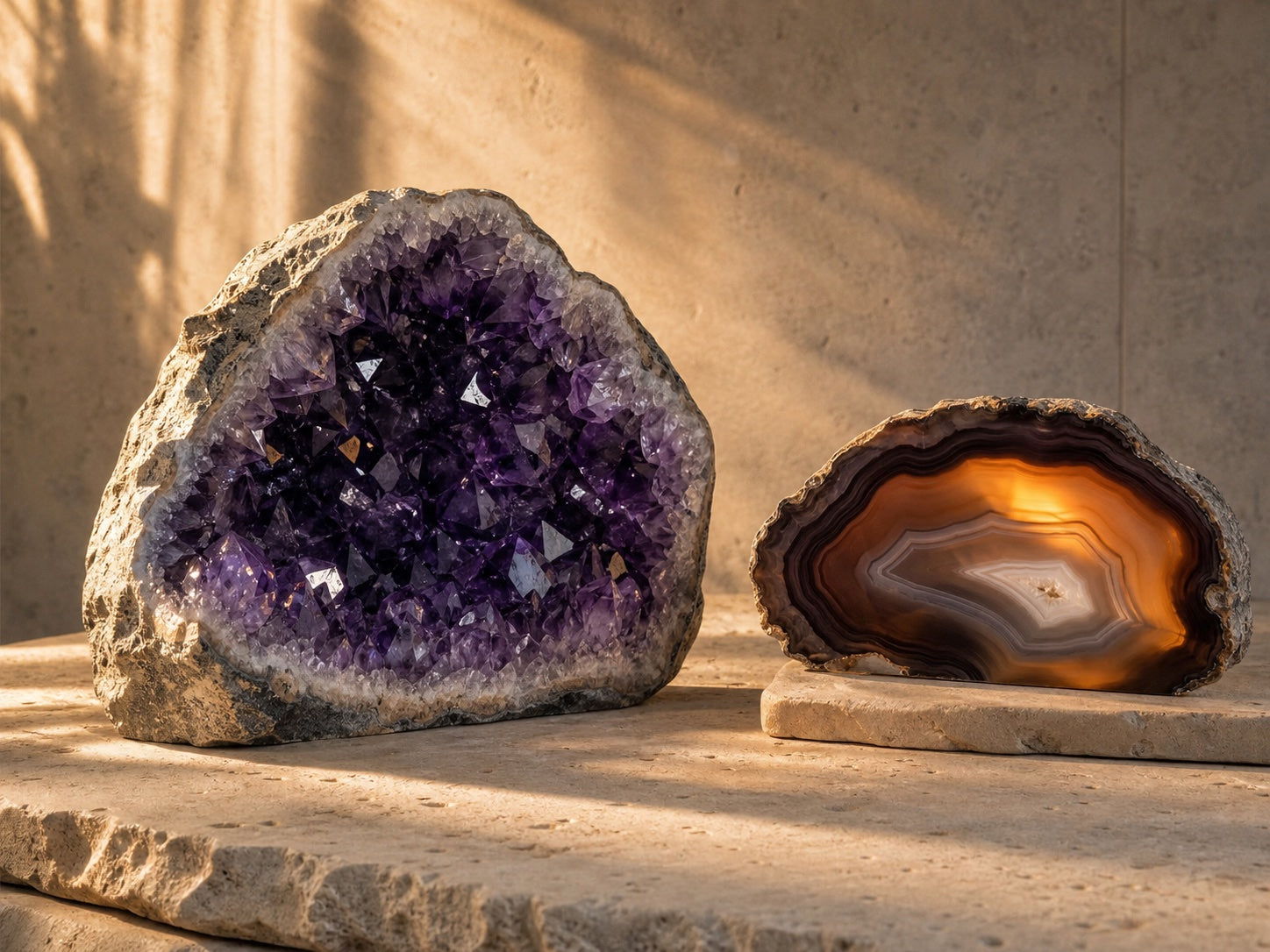 Grande géode et tranche d’agate éclairée par le soleil sur calcaire clair