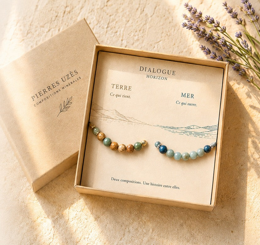 Les deux bracelets du Dialogue Horizon présentés dans leur écrin Pierres Uzès